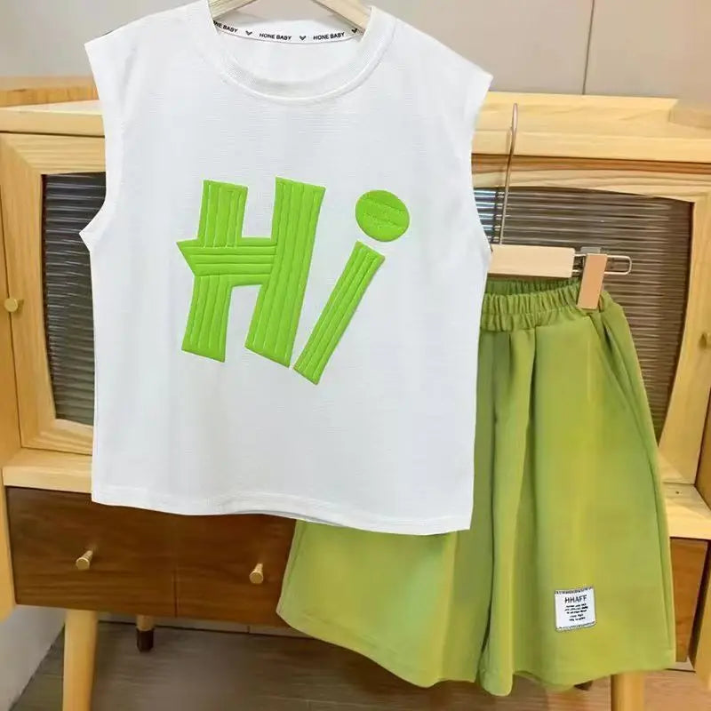 Korean Summer 2pcs green Set 2025 leisure girl Children t-shirt shorts kids clothes boys set