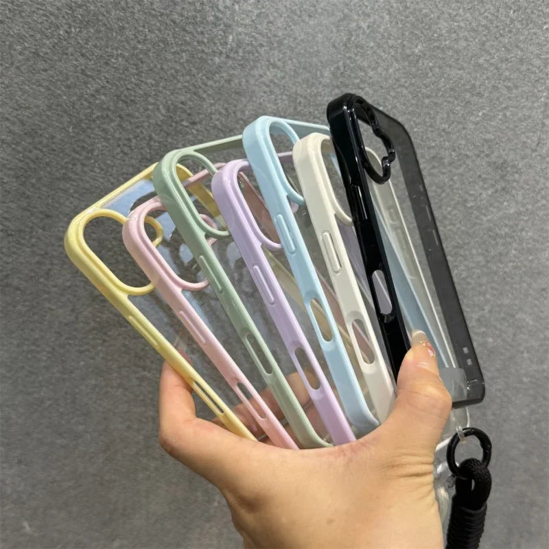 Luxury Candy Color Bumper With Lanyard Phone Case For iPhone 17 16 15 14 13 12 11 Pro Max Plus Clear Acrylic Shockproof Cover
