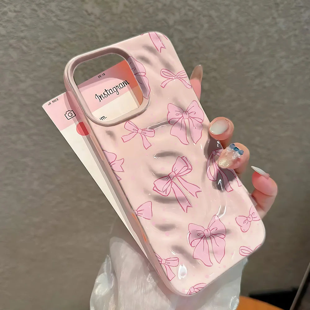 Pink Bow Print Mint Green Wavy Matte Phone Case For iPhone 16 Pro Case iPhone 17 14 11 13 12 15 Pro Max 16e Cover Funda