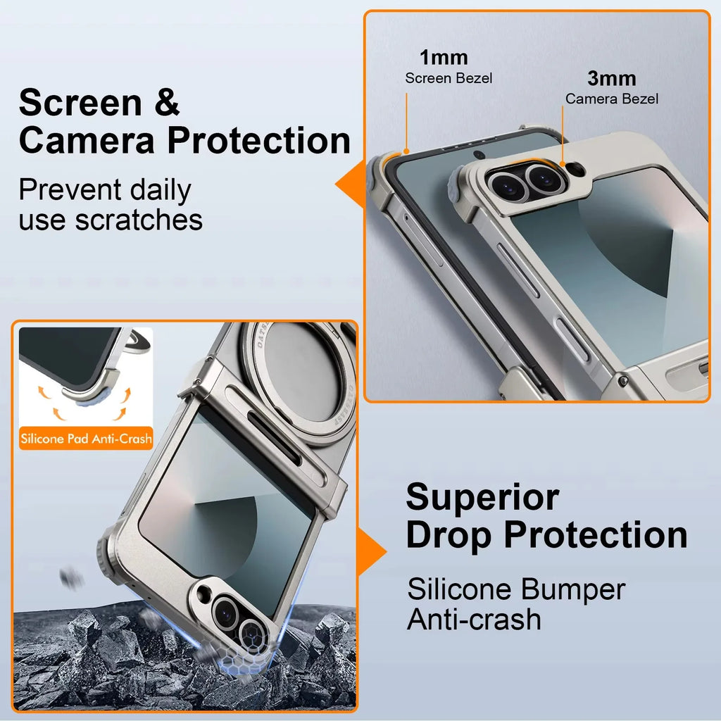 Eary Frameless Case for Samsung Galaxy Z Flip 7 with 360°Rotatable Magnetic Stand Metal Phone Case Shockproof Protective Cover