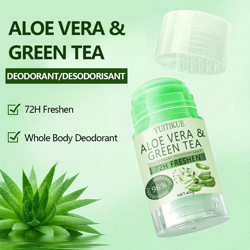 YUITIKUE Aloe & Green Tea Deodorant 45g - 72H Whole Body Fresh, 96%! Odor Control, 3-in-1 Care for Odor, Sweat & Skin