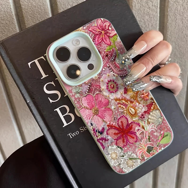 Floral And Beaded Patchwork Design Phone Case For iPhone 17 Pro Max 16 Plus 15 Pro 14 13 12 11 XR XS 17Air Soft Cover
