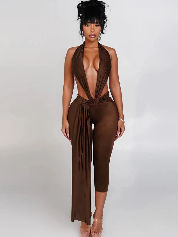 Weird Puss Ribbon Halter Romper Women Backless Patchwork Sleeveless Elastic Workout Activewear Midnight Activity Slim Playsuits