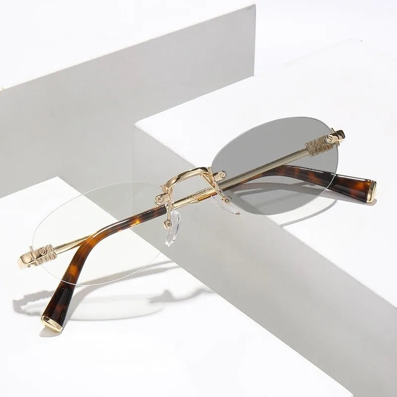 Fashion Women Rimless Photochromic Sunglasses Oval Metal Frame Transition Lens UV400 Protective Elegant Eyewear