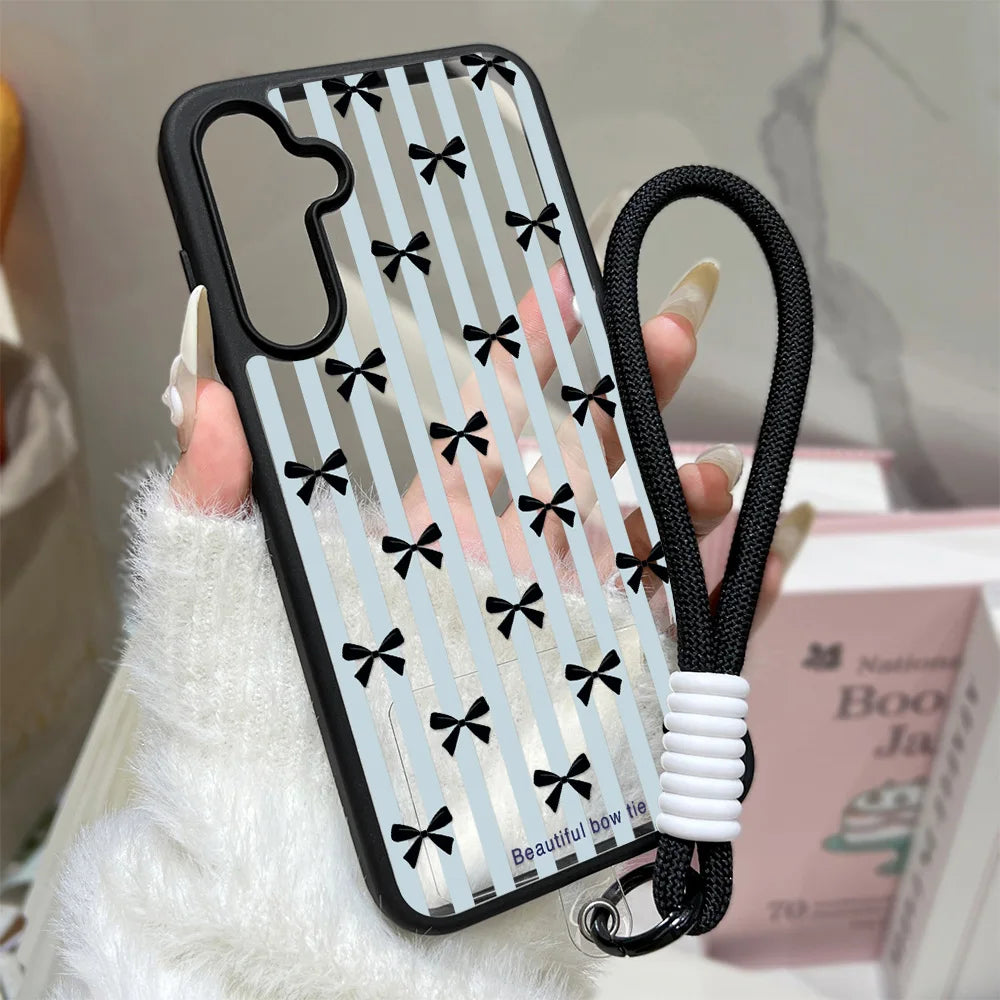 Black Bowknot Phone Case For Samsung Galaxy S26 Ultra Case A16 A56 5g A17 A55 A54 A36 A07 A06 S25 Ultra S24 FE S23 Lanyard Cover