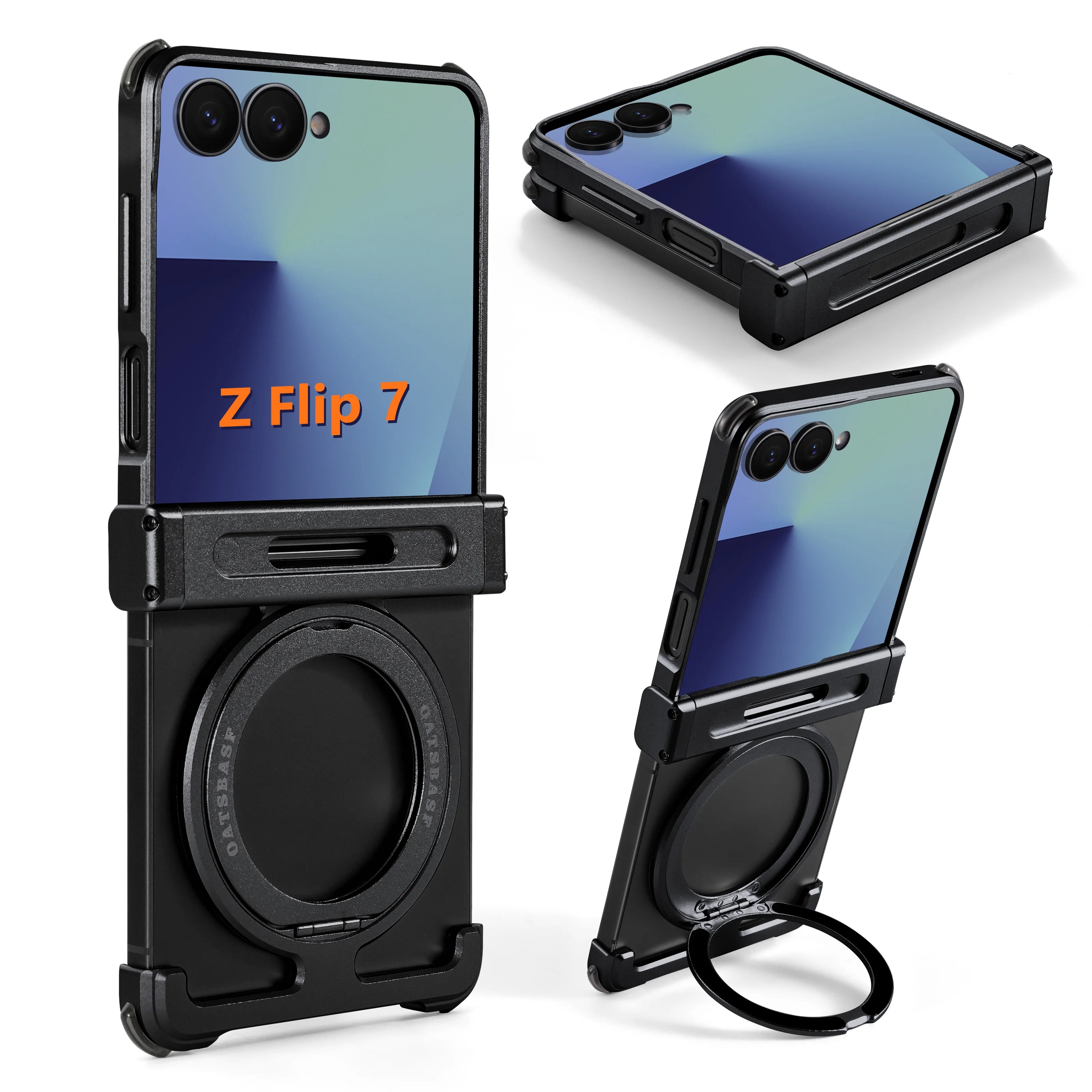 Eary Aluminum Metal Case for Samsung Galaxy Z Flip 7 with 360°Rotate Magnetic Ring Stand Ultra-Thin Slim Shells Shockproof Cover