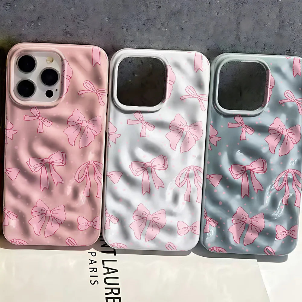 Pink Bow Print Mint Green Wavy Matte Phone Case For iPhone 16 Pro Case iPhone 17 14 11 13 12 15 Pro Max 16e Cover Funda