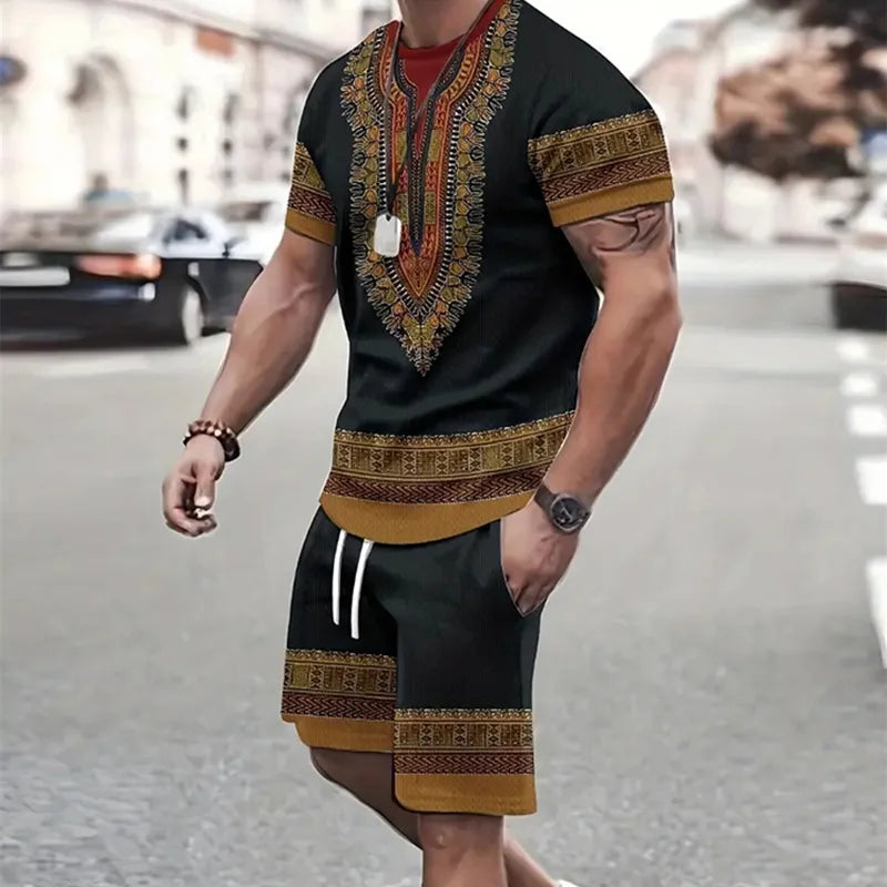 2024 Fashion Men's Sportswear Short Sleeve T Shirt And Sports Shorts Summer Casual Vintage Patchwork Suit Men's Two Piece Suit