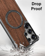 Eary Luxury Wood Frameless Case for Samsung Galaxy S25 S24 Ultra 360°Rotatable Magnetic Ring Stand Shockproof Bumper Phone Cover