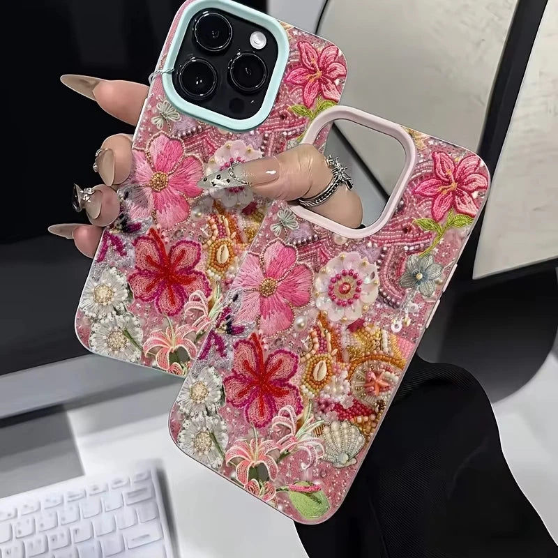 Floral And Beaded Patchwork Design Phone Case For iPhone 17 Pro Max 16 Plus 15 Pro 14 13 12 11 XR XS 17Air Soft Cover