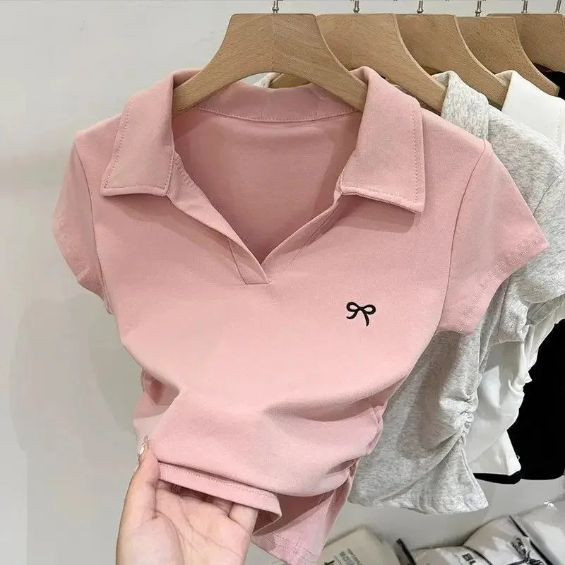Summer Short Sleeve T-Shirt Women's Butterfly Embroidery Polo Collar Short Style Fashionable Top Cotton Material Flip Collar
