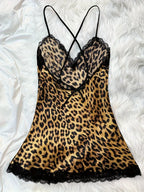 Women's Silk V-Neck Lace Trim Leopard Print Nightdress Slit Camisole Sensual Loungewear Lightweight All-Season