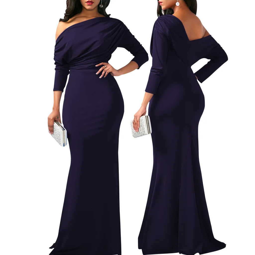 Sexy Fashionable Asymmetrical Shoulder Women's Dress with Slight Creasing on Chest Independent Station 2025 Long Evening Gown