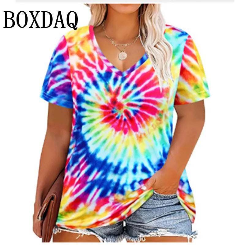 Trendy Plus Size Women's Tie-Dye V-Neck T-Shirt Fashion Short Sleeve Loose Pullover Tops For Casual Summer Wear Large Size Tees