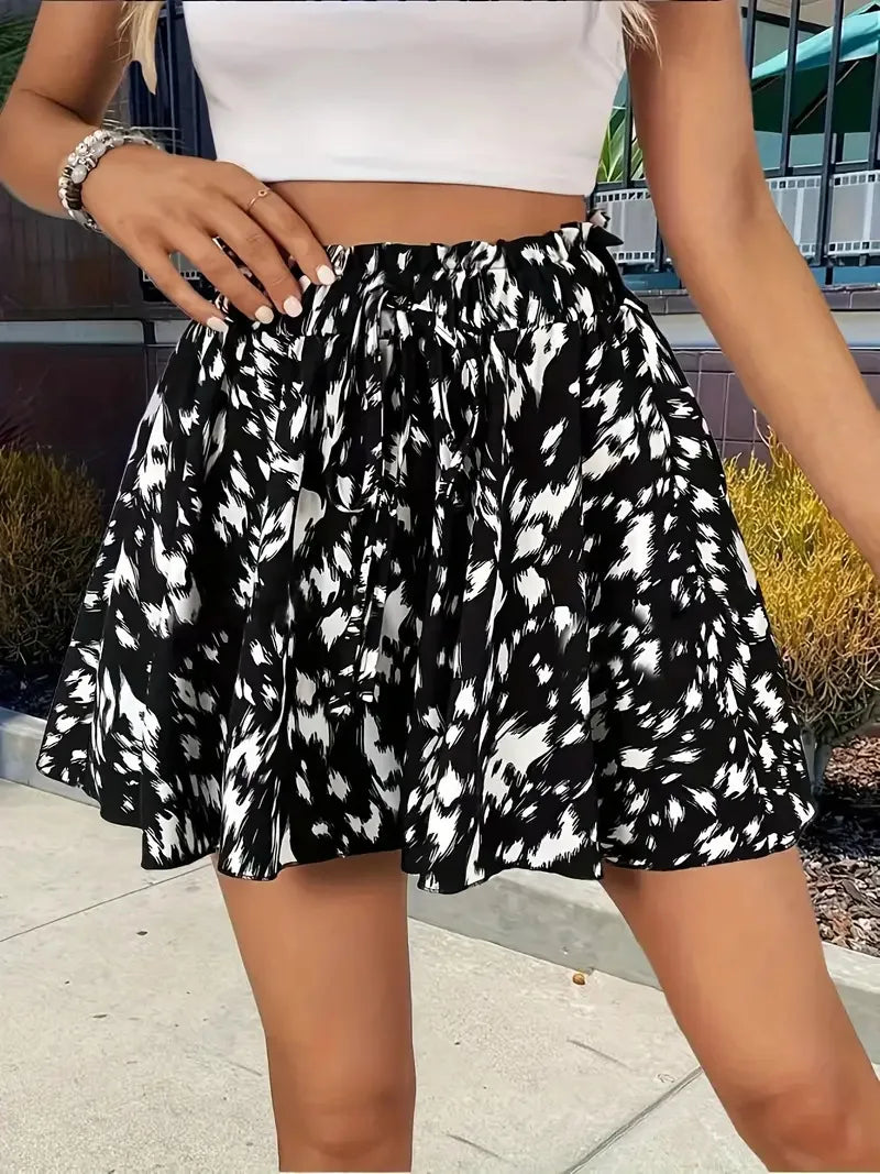Women Floral Print Vacation Beachwear Shorts Skirts Summer High Elastic Waist Lace Up Drawstring Wide Leg Short Vestidos