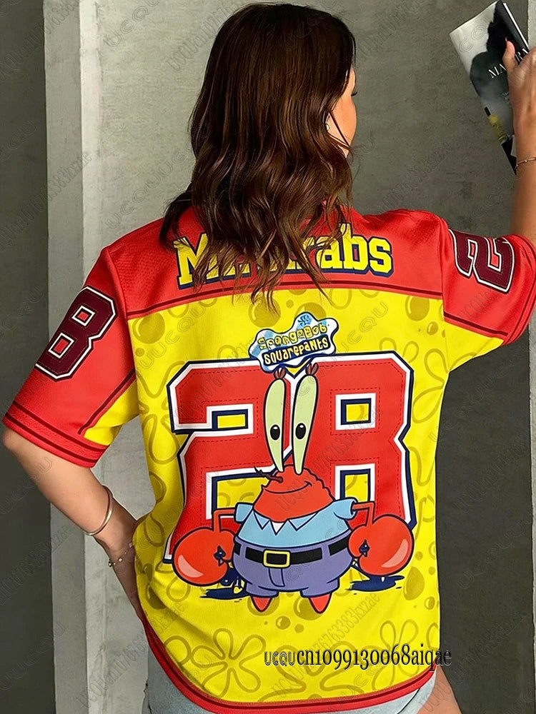 Cartoon SpongeBob Print T-shirts For Women Summer V-Neck Patchwork Short Sleeve Sports Football Jersey Y2K Loose Oversized Tops