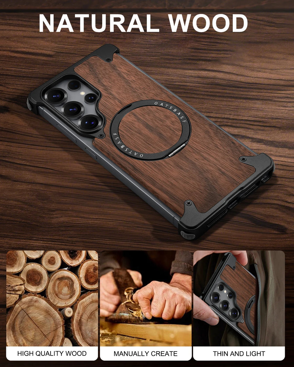 Eary Luxury Wood Frameless Case for Samsung Galaxy S25 S24 Ultra 360°Rotatable Magnetic Ring Stand Shockproof Bumper Phone Cover