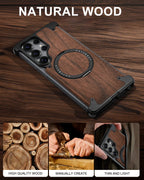 Eary Luxury Wood Frameless Case for Samsung Galaxy S25 S24 Ultra 360°Rotatable Magnetic Ring Stand Shockproof Bumper Phone Cover