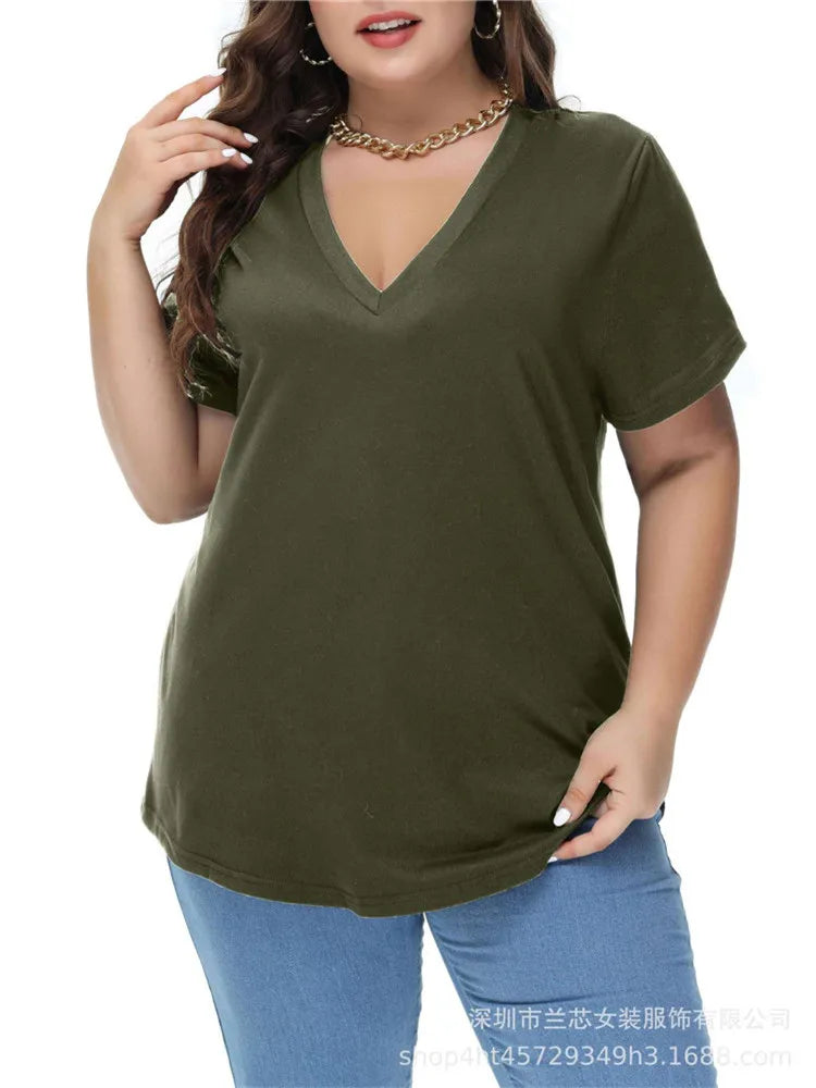 8XL Large Sizes Women T Shirt Summer Short Sleeve Loose Ladies Tees Shirt Casual V-Neck Pullover Black White Gray Tops Plus Size