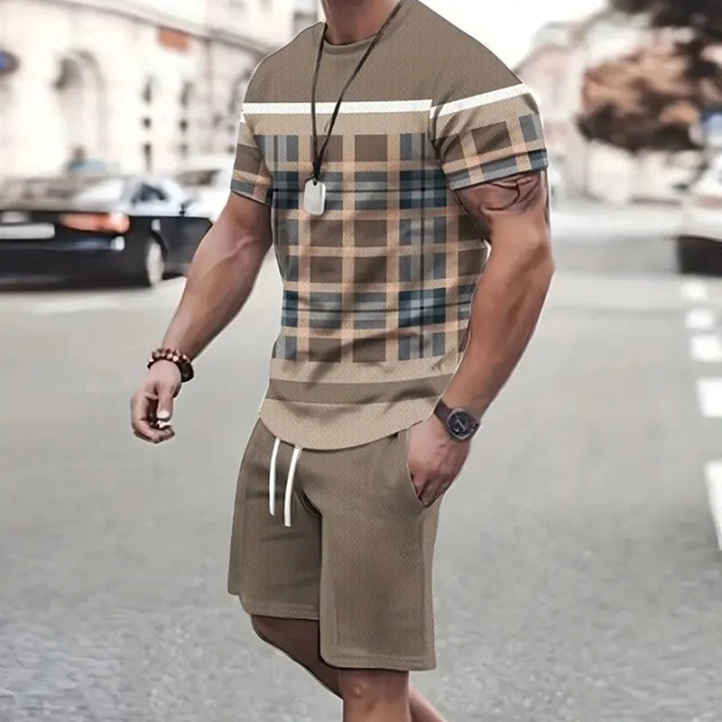 2024 Fashion Men's Sportswear Short Sleeve T Shirt And Sports Shorts Summer Casual Vintage Patchwork Suit Men's Two Piece Suit