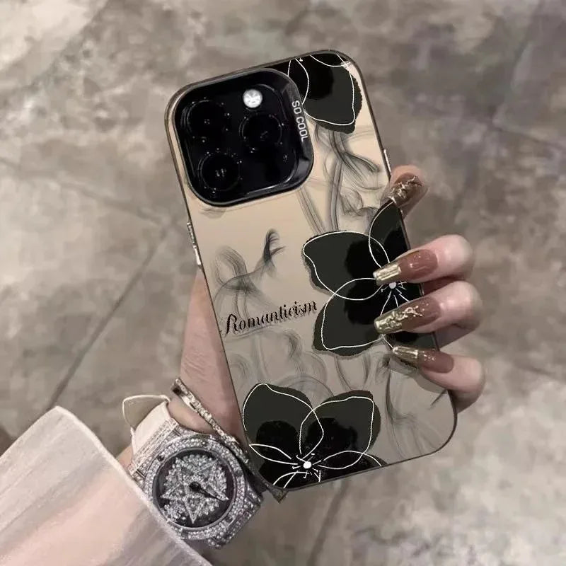Vintage black floral Phone Case For iPhone 11 13 12 Pro Max 16E 16 15 14 Plus Colorful Silver IMD Shock-proof Rear Phone Cover