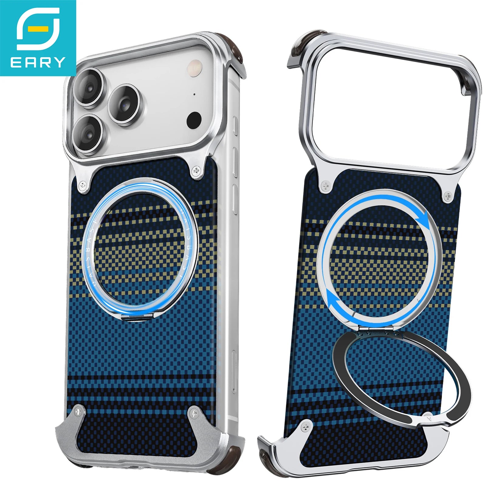 Eary Kevlar Case for iPhone 17 Pro Max Bumper with Stand 360°Rotation Magnetic Kickstand Shockproof Drop Protection Phone Cover