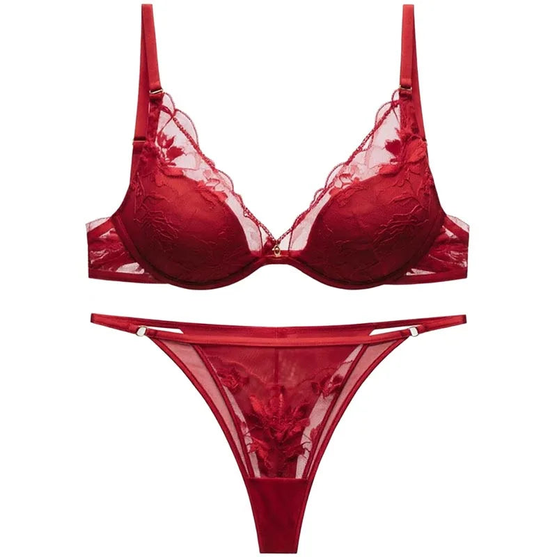 Logirlve French Thin Women Lingerie Set Sexy Satin Lace Splicing Comfort Bras Print Temptation Bra and Thong Sets Underwear