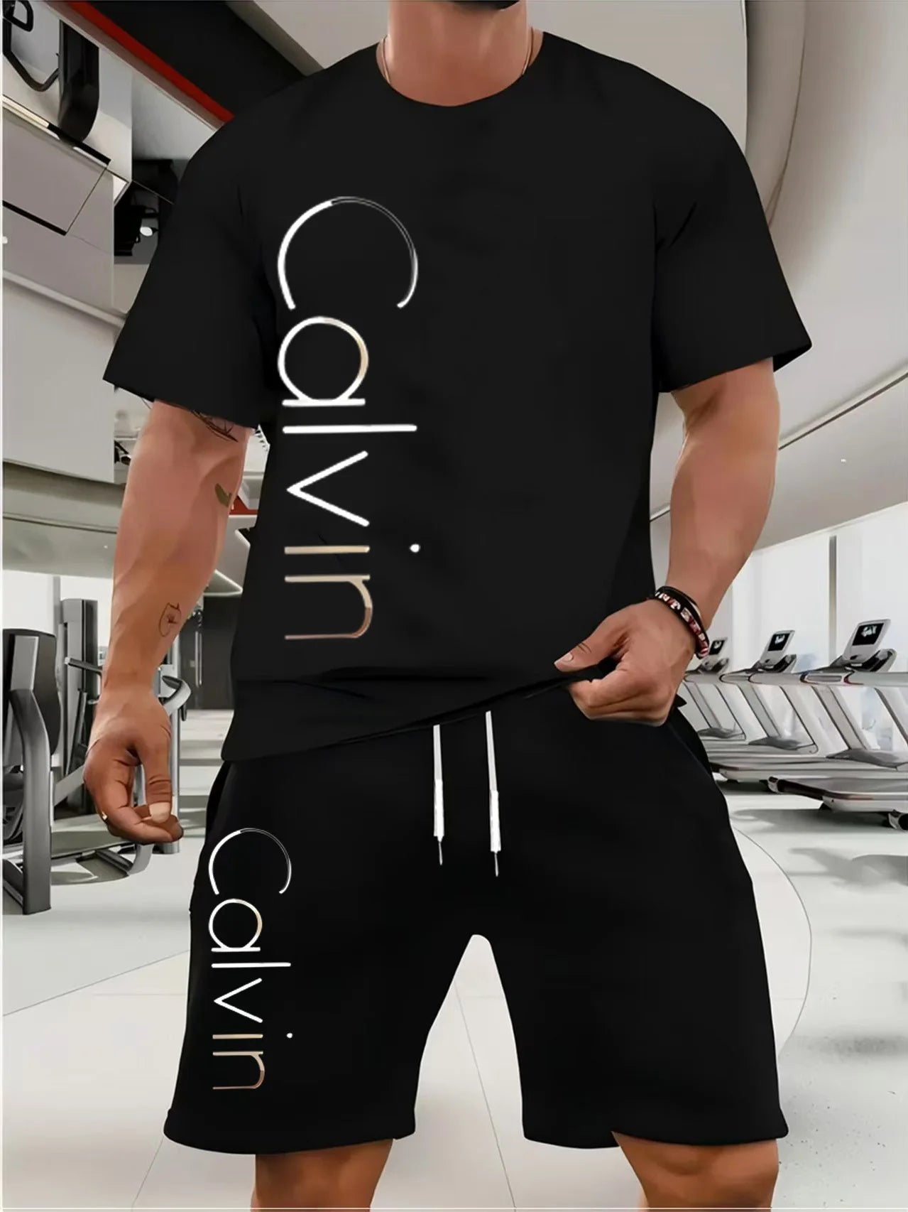 CALVIN summer men women new casual sports suit Fashion breathable outdoor short-sleeved T-shirt + training shorts two-piece set
