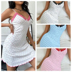 Elegant Heart Print Pajamas Dress Sleeveless V-Neck Nightgown Breathable Slim Fit Camisole Nightwear Adult Sleepwear