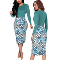 Fashionable printed long sleeved dress, European and American style color matching women's bag custom flower bud