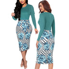 Fashionable printed long sleeved dress, European and American style color matching women's bag custom flower bud
