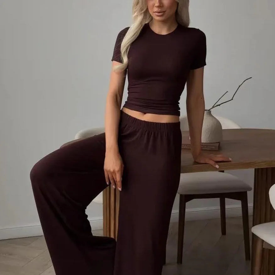 2 pieces women sets 2026 best-selling knitted short-sleeved T-shirt+long pants set two pieces sets women's clothing