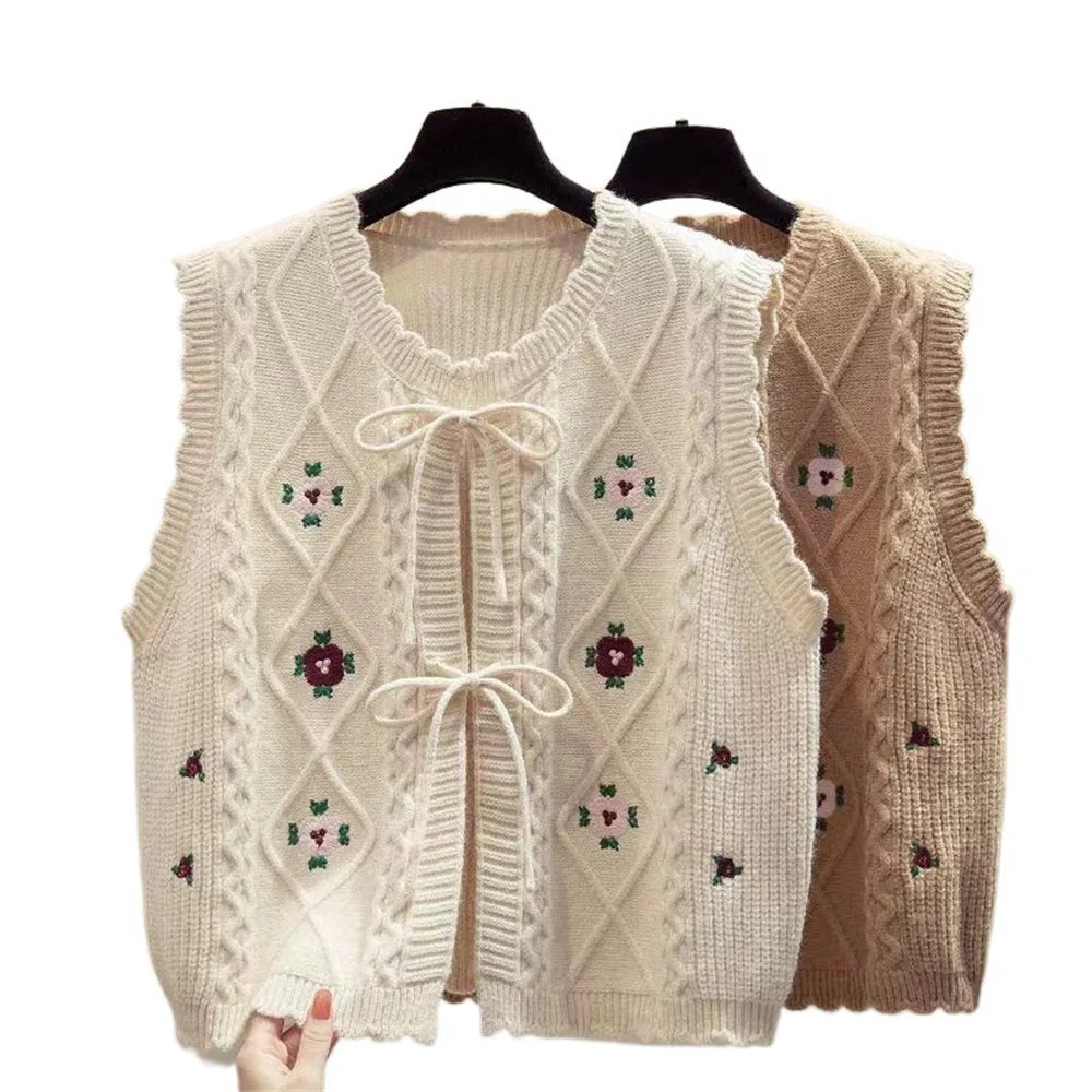 Cardigan Embroidered knitted Sweet vest Women 2026 Spring Autumn New Loose Sleeveless Sweater Waistcoat Female All-match Tops
