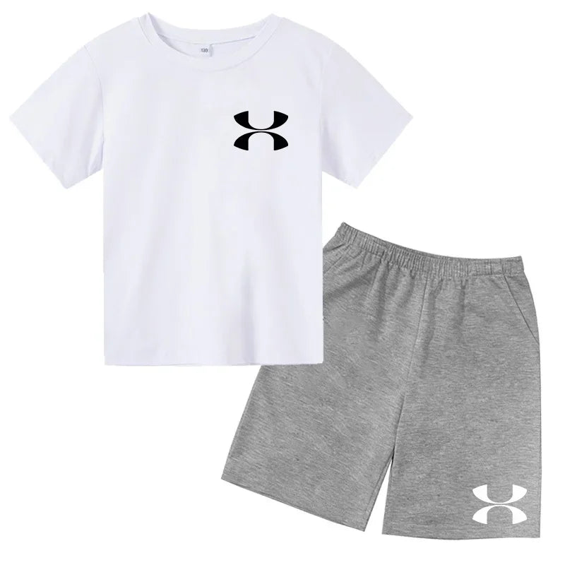 Casual t-shirt Set Kids  Fashion Two-Piece  Summer Sports Short-Sleeved Boy Girl 3-13Yrs  T-shirt +Shorts