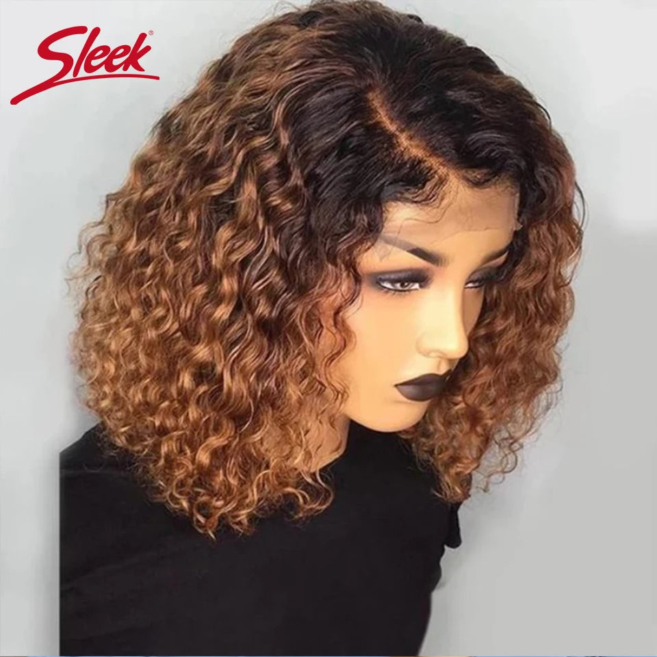 Sleek Brazilian Water Remy Deep Curly Hair Bob Wigs Natural Black Color T Lace Front Part Bob Wigs 200% Density Ombre T1B/27 Wig