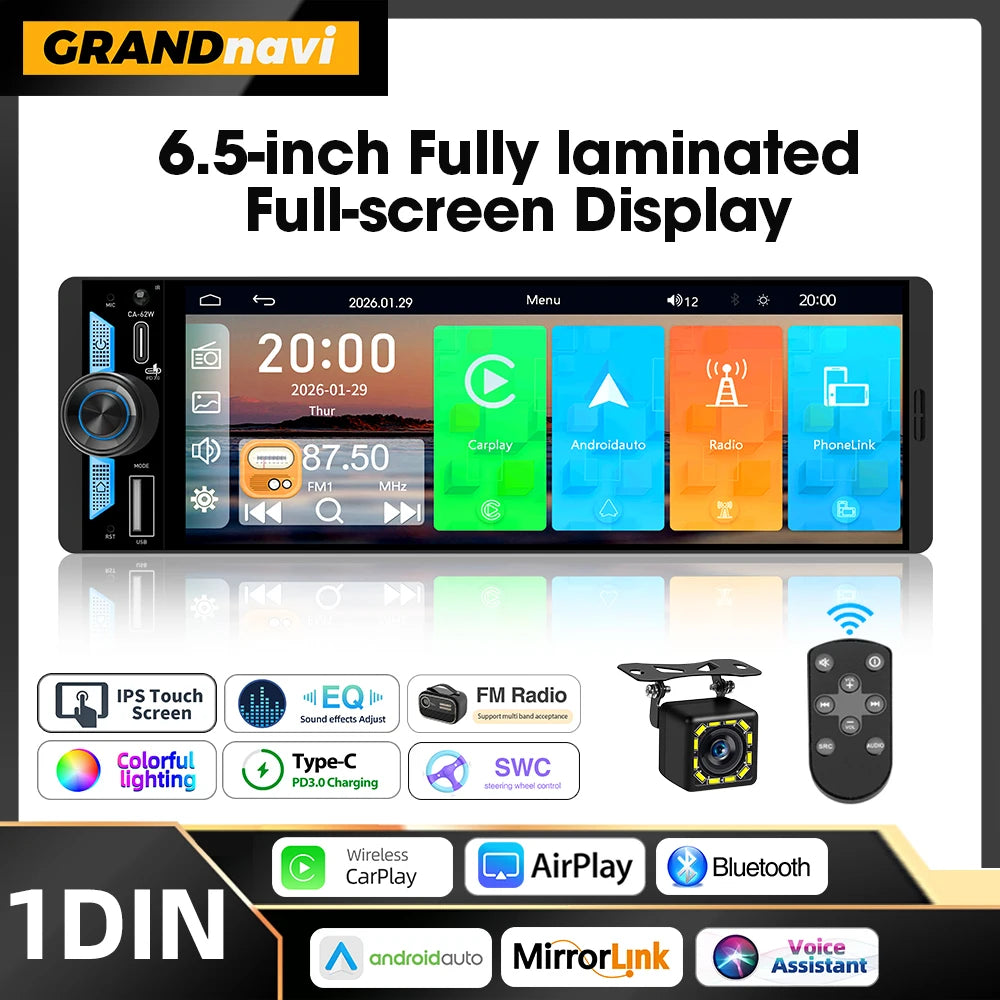 6.5 Inch 1Din IPS Screen Wireless Carplay Android Auto Airplay Car Radio MP5 Player Stereo Bluetooth FM Type-C PD3.0 Fast Charge