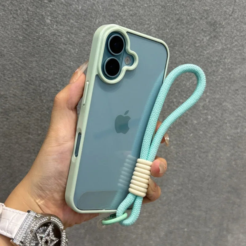 Luxury Candy Color Bumper With Lanyard Phone Case For iPhone 17 16 15 14 13 12 11 Pro Max Plus Clear Acrylic Shockproof Cover