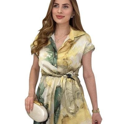 Casual printed long dress for women in plus size, loose fit, short sleeved high waisted skirt, comfortable polyester fabric