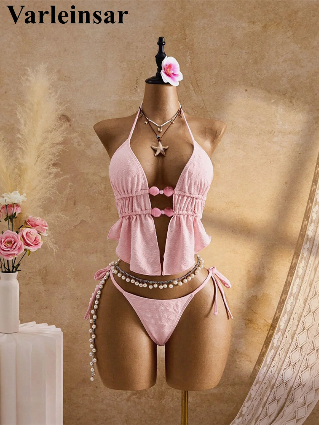 S - XL Wrinkled Bikini Halter Tankini Female Swimsuit Women Swimwear Two-pieces Bikini set Padded Bather Bathing Suit Swim V7819