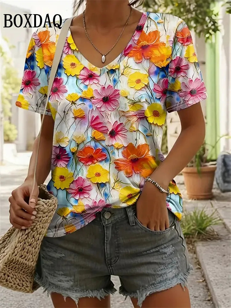 Summer Women Plus Size T Shirts 8XL Large Size Tops Casual V-Neck Short Sleeeve Loose Shirts Vintage Tie Dye Print Pullover Tops