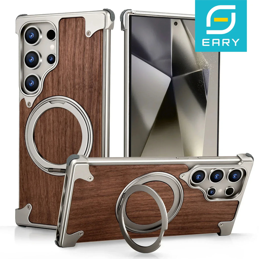 Eary Solid Wood Phone Case for Samsung Galaxy S25 S24 Ultra for Magsafe 360° Rotation Kickstand Frameless Protective Shells