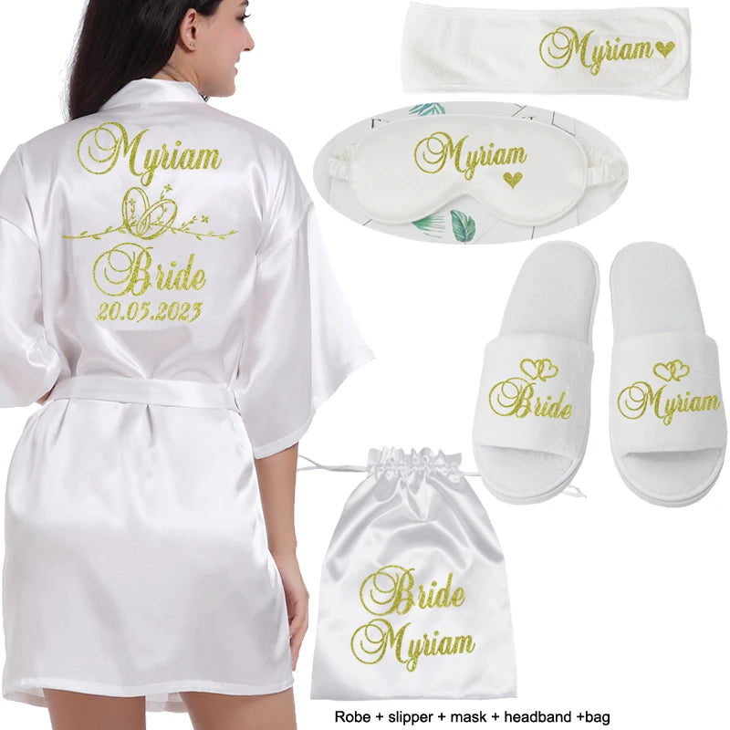 Customized Logo Wedding Date Name Bathrobe Faux Silk Bridal Robe Bride Bridesmaid Wedding Robes Woman Bachelorette Preparewear