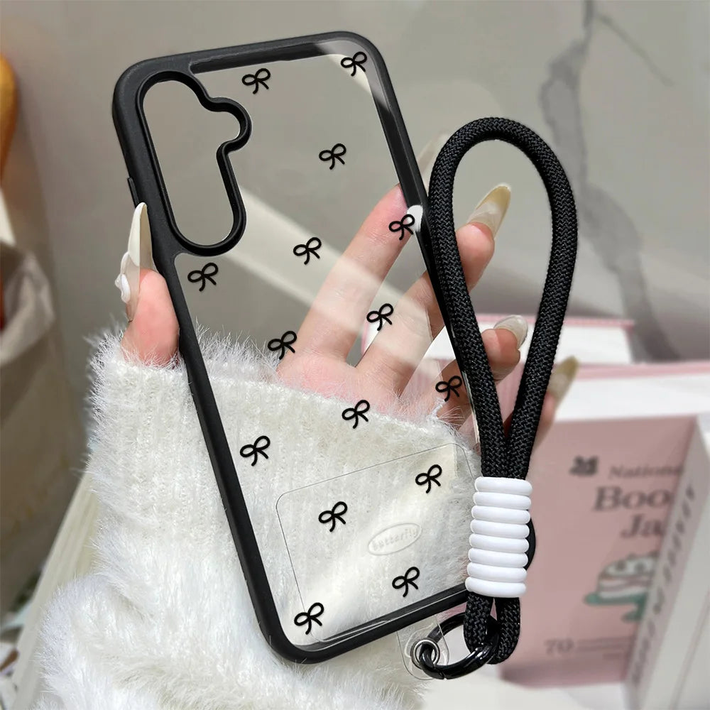 Black Bowknot Phone Case For Samsung Galaxy S26 Ultra Case A16 A56 5g A17 A55 A54 A36 A07 A06 S25 Ultra S24 FE S23 Lanyard Cover