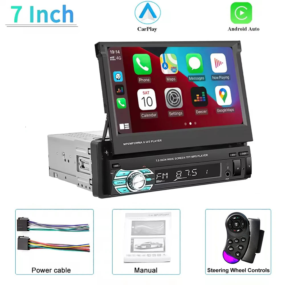1 Din MP5 Player 7 Inch Carplay Android Auto Universal  Manual Automatic Retractable Touch Screen Car Player FM Radio