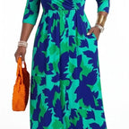 Plus Size Women's Pullover Sexy V Neck  3/4 Sleeve  Loose Long for Women Fashion Printed Summer  Casual Maxi Dresses With Pocket