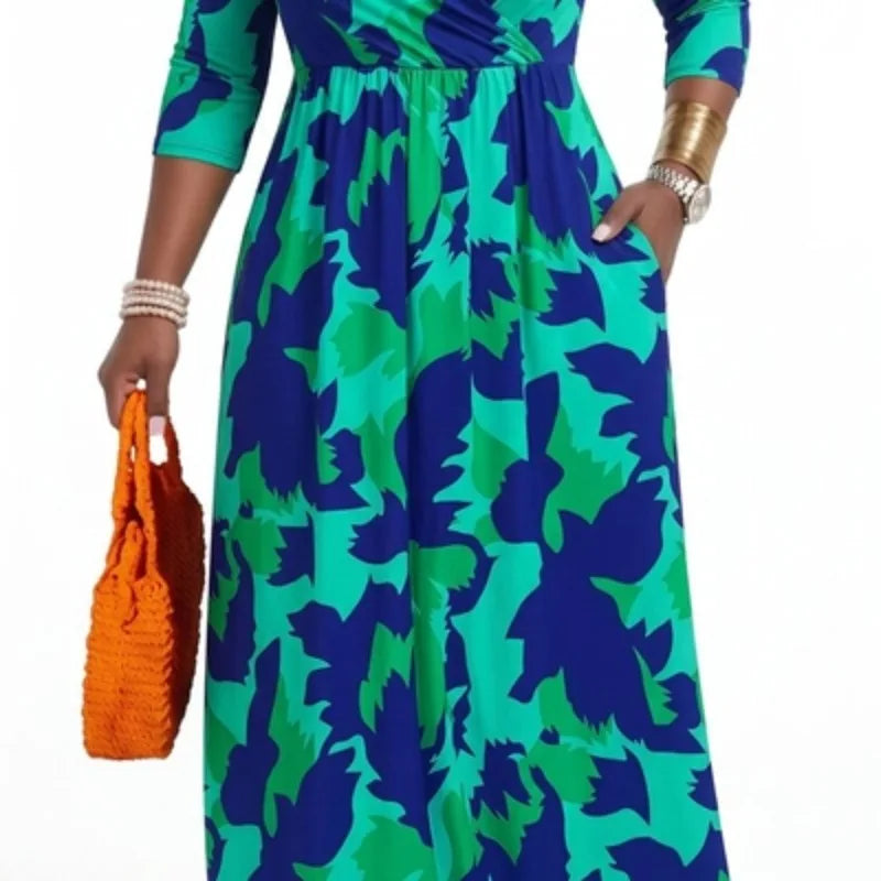 Plus Size Women's Pullover Sexy V Neck  3/4 Sleeve  Loose Long for Women Fashion Printed Summer  Casual Maxi Dresses With Pocket