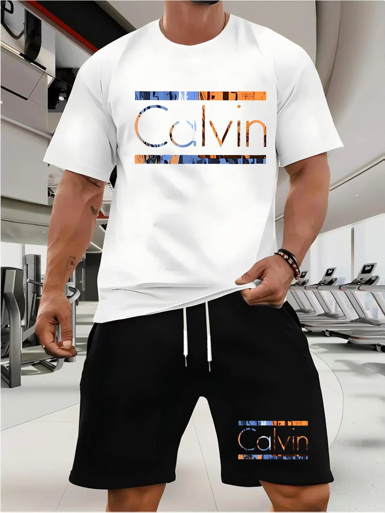 CALVIN summer men women new casual sports suit Fashion breathable outdoor short-sleeved T-shirt + training shorts two-piece set