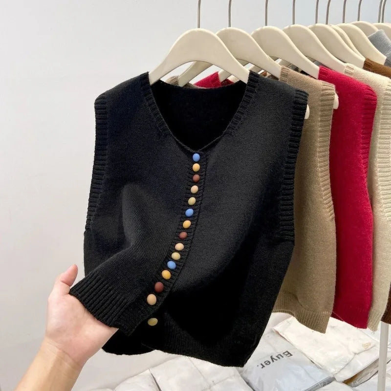Sweater Vest Autumn Women Rainbow Single-breasted Button Soft Sweater Loose Knit Vest V-neck Knitwear Cardigan Lady Waistcoats
