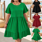 Oversized Summer Dresses For Women 2026 Plus Size Clothing Elegant Fashion Round Neck Patchwork Loose Casual Short Sleeve Dress