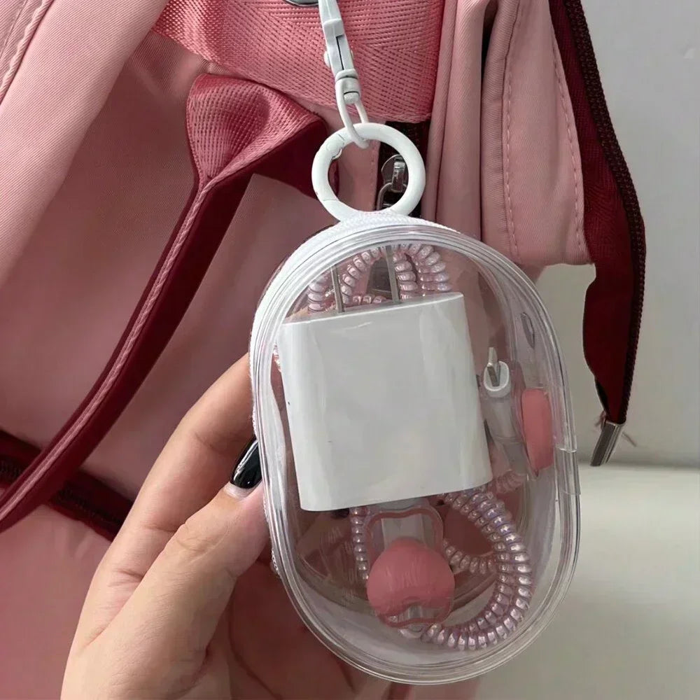 Portable Mini Transparent Storage Bag with Zipper Multifunctional Headphone and Charger Case Travel Accessories with Keychain